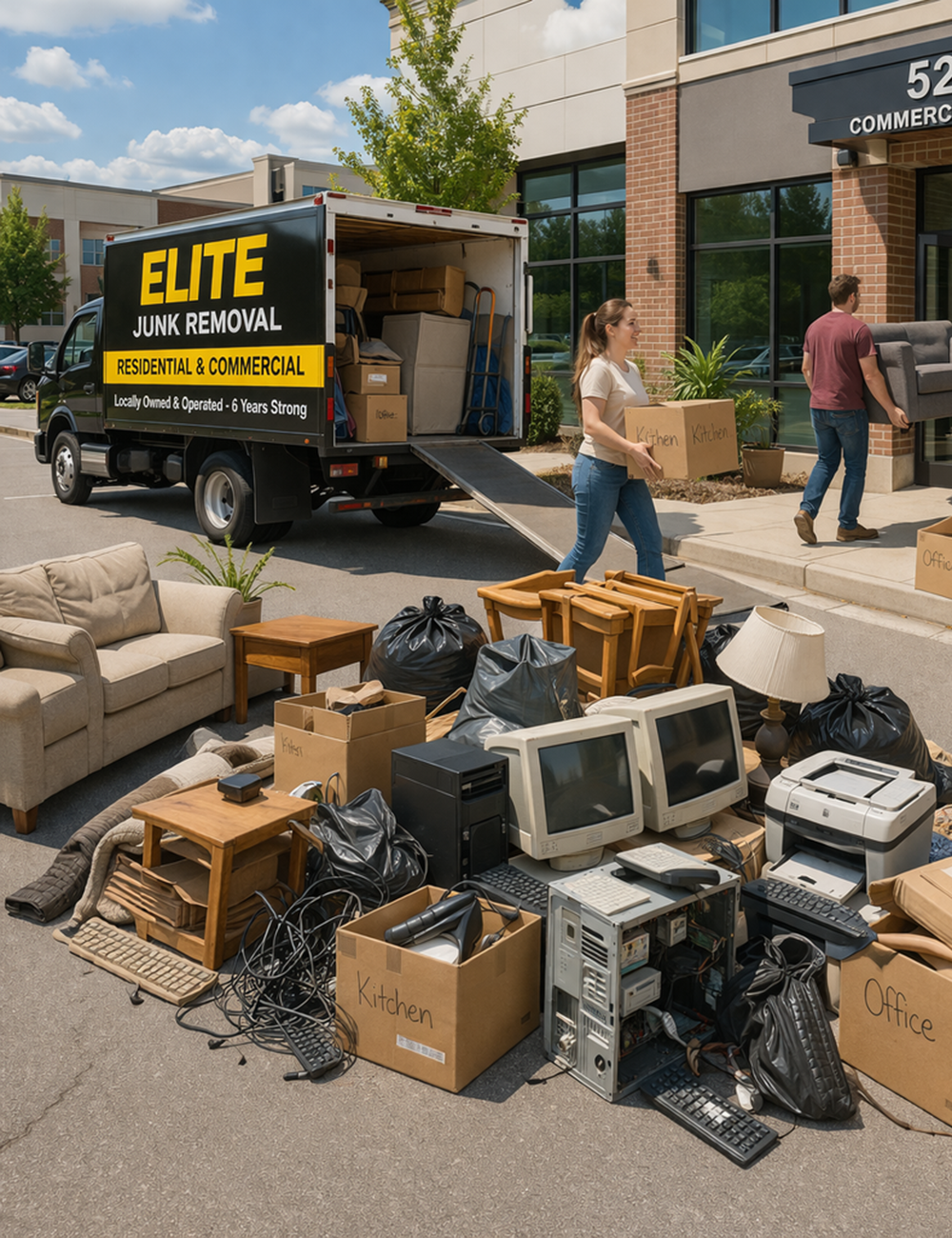elite junk removal Removing a bunk of junk, computers, electronics, furniture and boxes from outside an office
